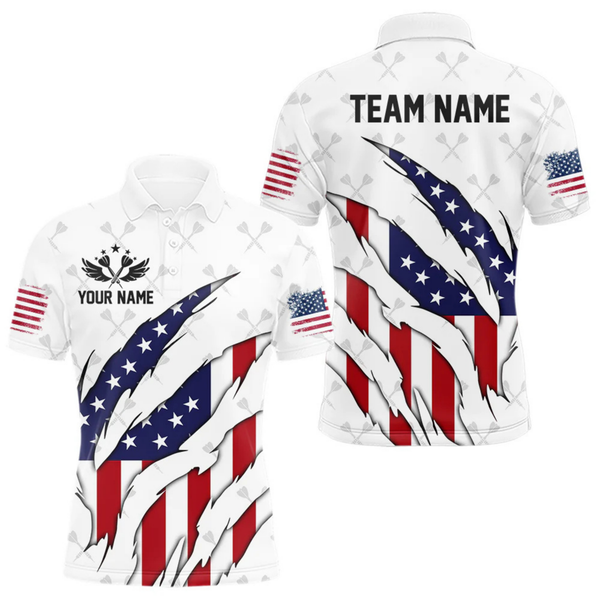 Maxcorners Personalized American Flag Patriotic Dart Shirts For Men – Darts Team Jerseys Polo & 1/4 Zip|White LM1805
