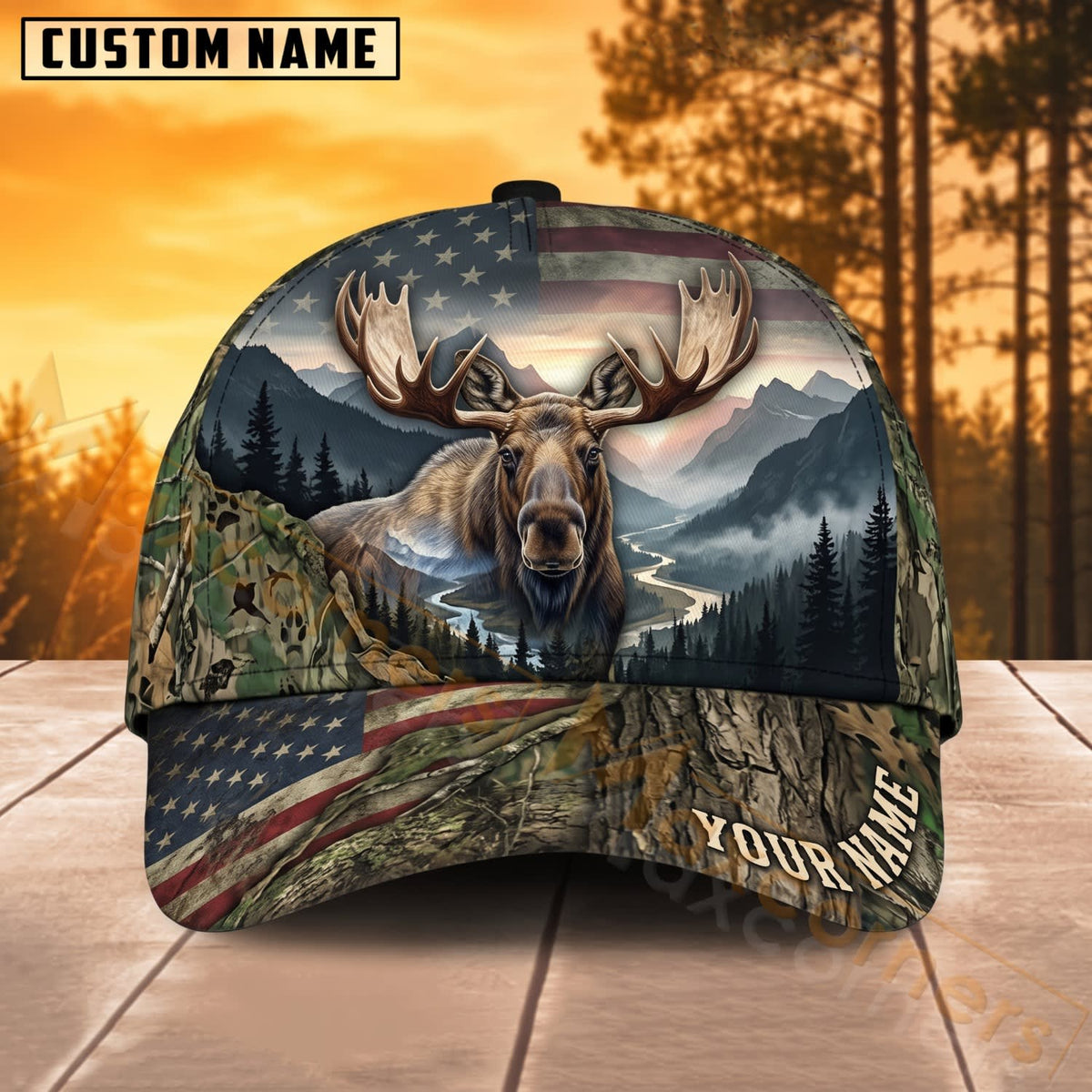 Maxcorners Deer Hunting Mountain Forest American Flag Personalized Name 3D Cap