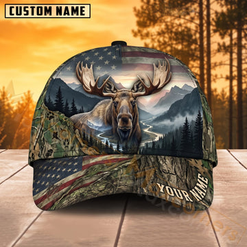 Maxcorners Deer Hunting Mountain Forest American Flag Personalized Name 3D Cap