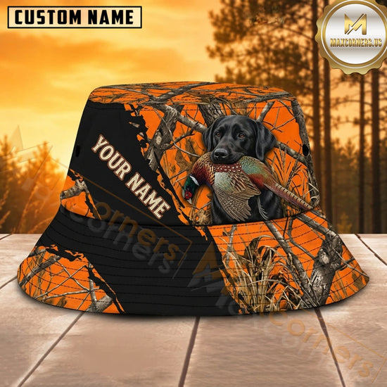 Maxcorners Waterfowl Hunting Dog Orange Black Panel Personalized Name 3D Bucket Hat
