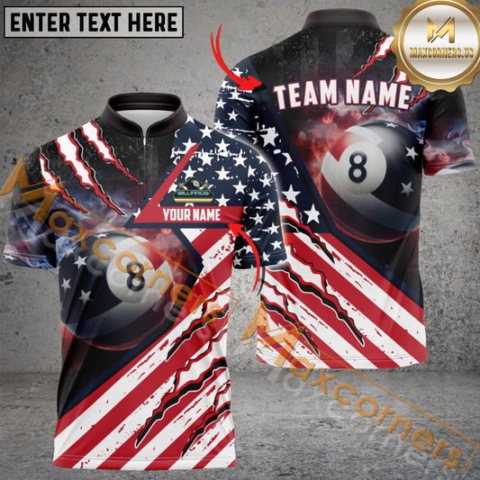 Maxcorners Billiard American Flag Patriot Customized Name, Team Name 3D Polo Shirt