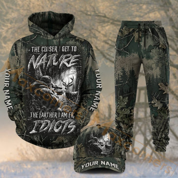 Maxcorners Hunting Closer To Nature Deer Forest Dark Camo Personalized 3D Combo Hoodie, Sweatpants Set & Cap