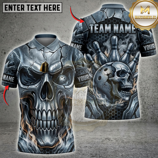 Maxcorners Bowling Silver Steel Skull Industrial Gear Dartboard Multicolor Customized Name, Team Name 3D Shirts ( 4 Colors )