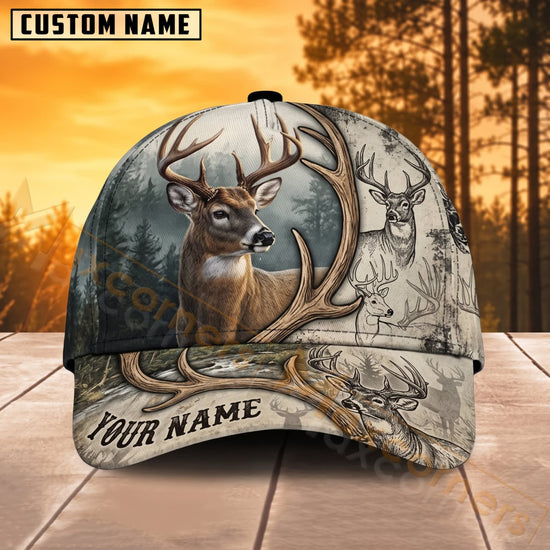 Maxcorners Deer Hunting Buck Wildlife Sketch Personalized Name 3D Cap