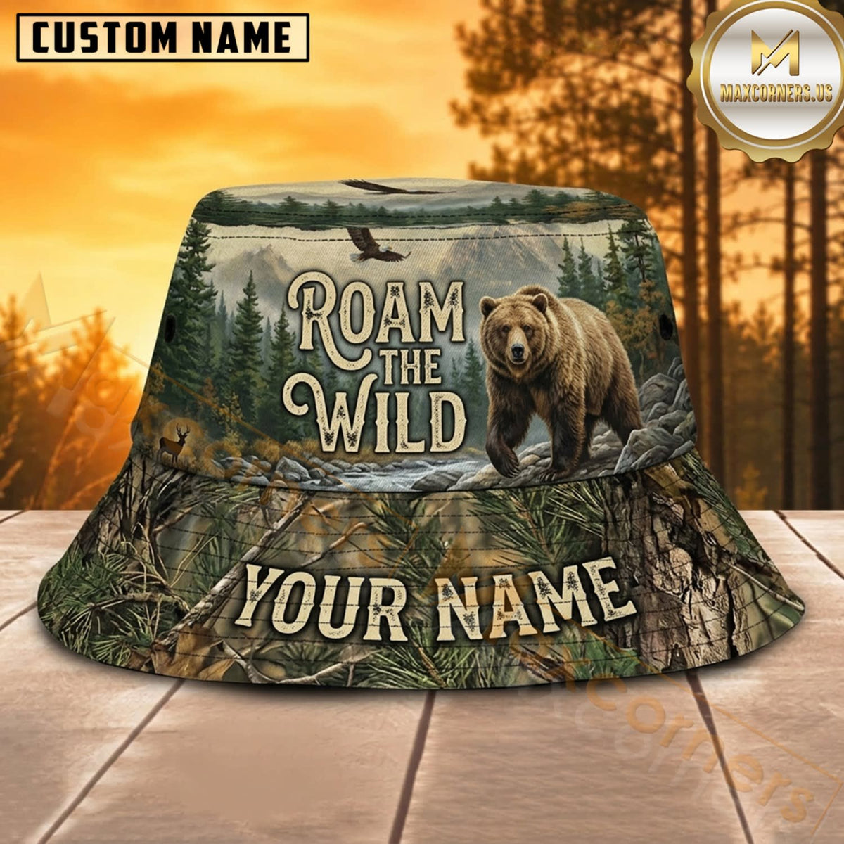 Maxcorners Bear Hunting Roam The Wild Forest Personalized Name 3D Bucket Hat
