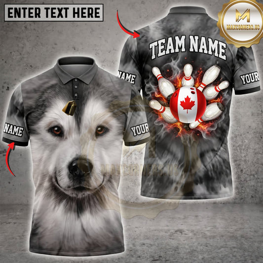 Maxcorners Bowling Cute Fluffy Gray Dog Red White Bowling Pins Personalized Name 3D Unisex Shirt