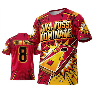 Maxcorners Cornhole Aim Toss Dominate Red Gold Personalized Name 3D Unisex Shirt