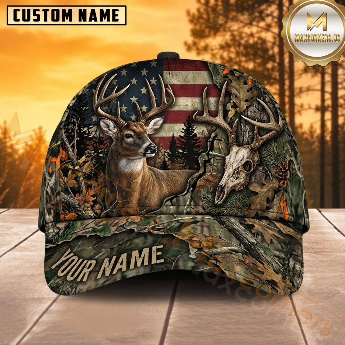 Maxcorners Deer Hunting Whitetail Buck Patriotic Buck and Skull American Flag Camo Customized Name 3D Cap
