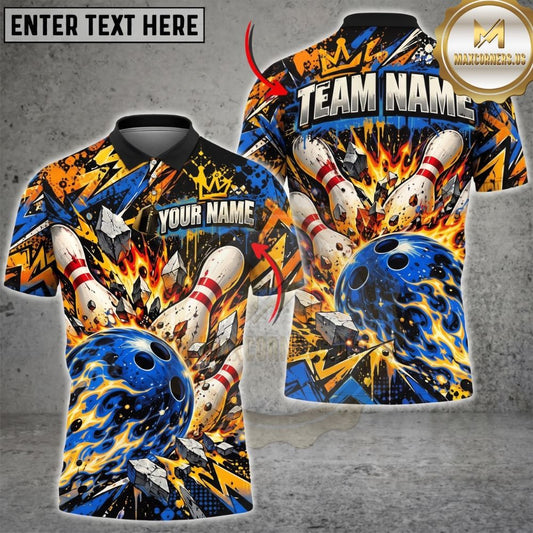Maxcorners Bowling Fiery Inferno Strike Ball Explosive Pins Broken Rocks Crown Graffiti Artwork Multicolor Customized Name, Team Name 3D Shirts