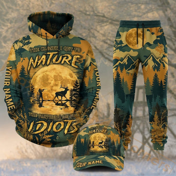 Maxcorners Hunting Nature Deer Sunset Forest Orange Green Camo Personalized 3D Combo Hoodie, Sweatpants Set & Cap