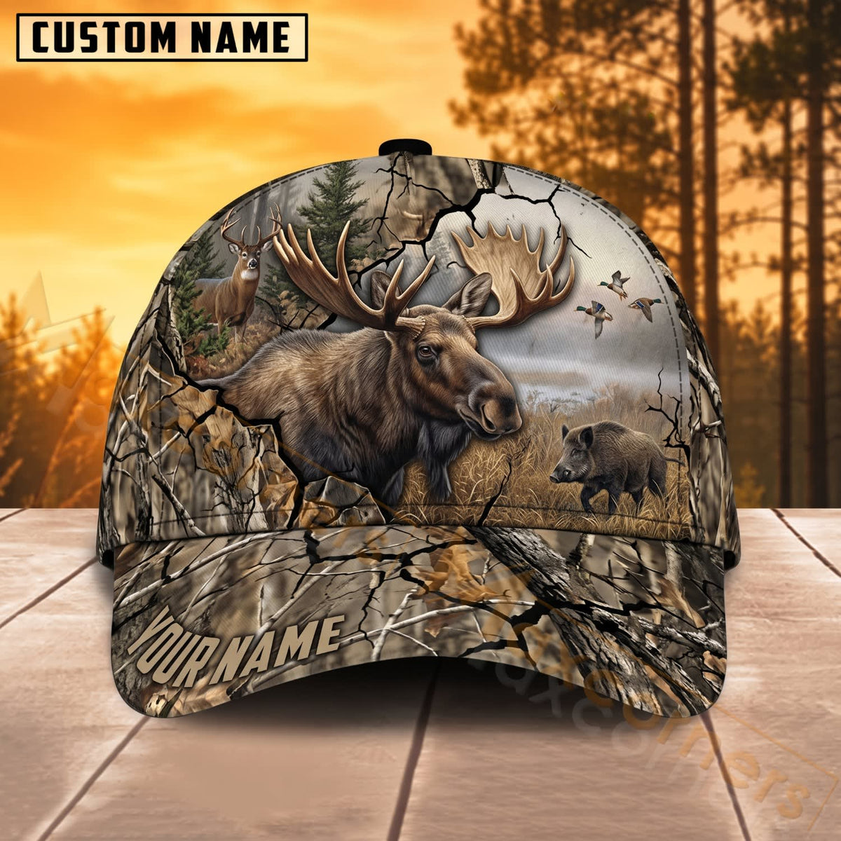 Maxcorners Moose Hunting Rustic Woodland Camo Personalized Name 3D Cap