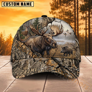 Maxcorners Moose Hunting Rustic Woodland Camo Personalized Name 3D Cap