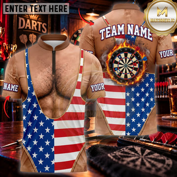 Maxcorners Darts Funny Hairy Belly American Flag Underwear Classic Dartboard Personalized Name 3D Unisex Shirt