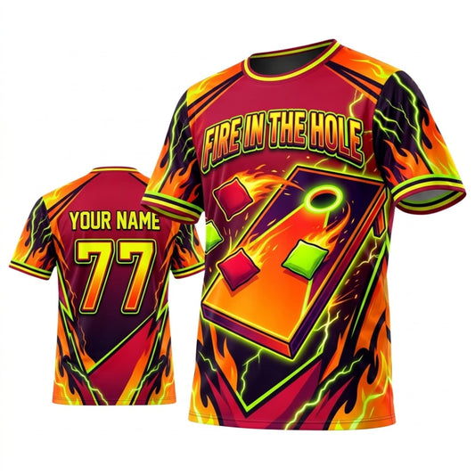 Maxcorners Cornhole Fire In The Hole Red Yellow Lightning Personalized Name 3D Unisex Shirt