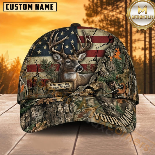 Maxcorners Deer Hunting Whitetail Buck American Flag Trophy Deer Skull Camo Customized Name 3D Cap