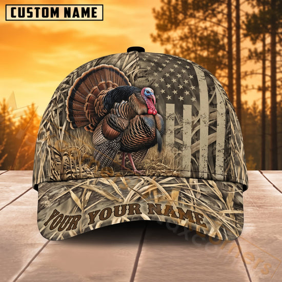 Maxcorners Turkey Hunting American Flag Woodland Personalized Name 3D Cap
