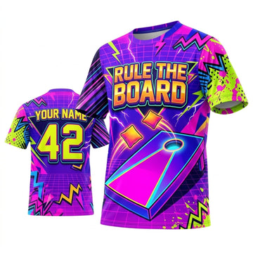Maxcorners Cornhole Rule The Board Neon Pink Yellow Personalized Name 3D Unisex Shirt