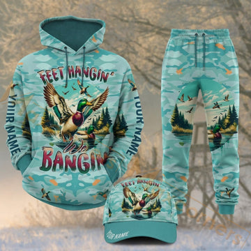 Maxcorners Hunting Feet Hangin Bangin Duck Hunter Blue Camo Personalized 3D Combo Hoodie, Sweatpants Set & Cap