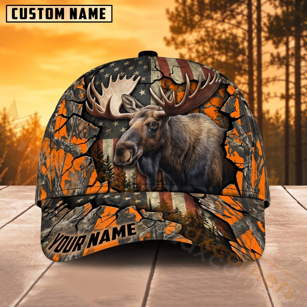 Maxcorners Moose Hunting American Flag Orange Crack Camo Personalized Name 3D Cap