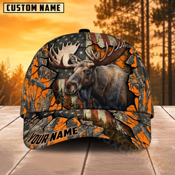 Maxcorners Moose Hunting American Flag Orange Crack Camo Personalized Name 3D Cap