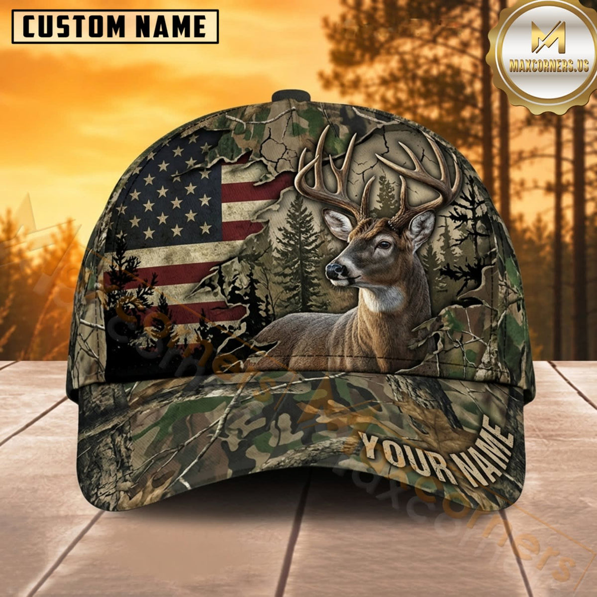 Maxcorners Deer Hunting Whitetail Buck American Flag Forest Buck Camo Customized Name 3D Cap