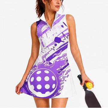 Maxcorners Pickleball Sleeveless Zipper Sports Dress Set Purple Pickleball Motion Graffiti Personalized Name 3D Sleeveless Zipper Sports Dress Set