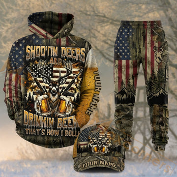 Maxcorners Hunting Shootin Deers Drinkin Beers American Flag Camo Personalized 3D Combo Hoodie, Sweatpants Set & Cap