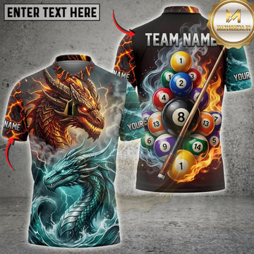 Maxcorners Billiards Fire And Water Dragon Colorful Pool Balls Personalized Name 3D Unisex Shirt