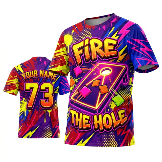 Maxcorners Cornhole Fire In The Hole Neon Purple Yellow Personalized Name 3D Unisex Shirt