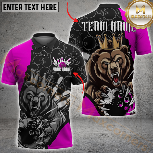 Maxcorners Bowling Bear King Ball Pattern Multicolor Customized Name, Team Name 3D Polo Shirt