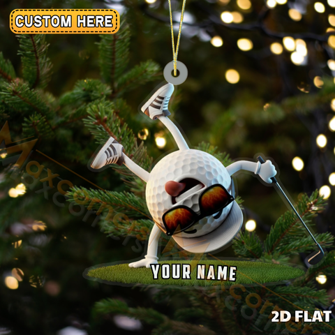 Maxcorners Funny Upside-Down Golf Ball Character Flaming Shades Personalized Name Christmas Ornament 2D Flat