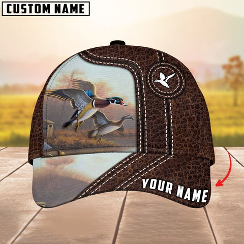 Maxcorners Duck Hunting Premium Leather Pattern Mutilcolored Personalized Name 3D Cap