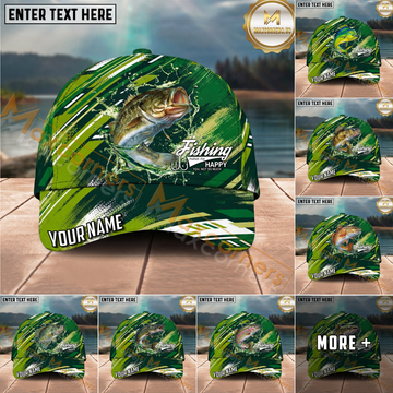 Maxcorners Fishing Green Splash Strike Multi Options Personalized Name 3D Cap (11 Fish Species)