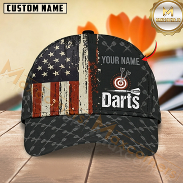 Maxcorners Darts American Flag Target Black Red White Distressed Personalized Name 3D Cap