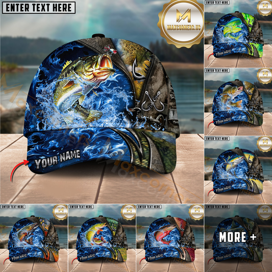 Maxcorners Fishing Blue Flame Water Art Personalized Classic Cap (12 Fish Species)