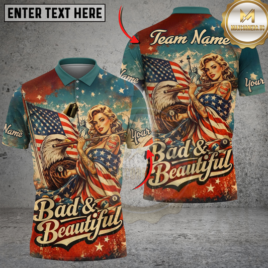Maxcorners Billiards 8 Ball American Flag Vintage "Bad & Beautiful" Patriotic Personalized Shirt
