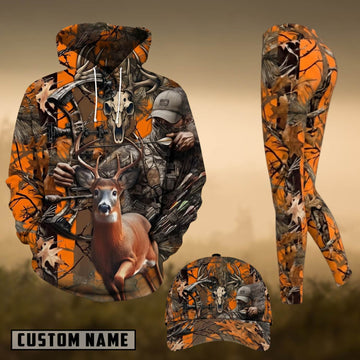 Maxcorners Hunting Whitetail Deer Bow Hunter Orange Camo 3D Combo Hoodie, Legging Set & Cap