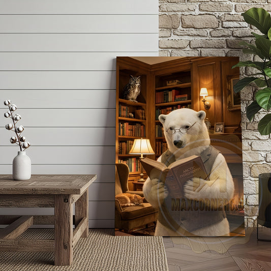 Maxcorners Wise Polar Bear Reading Book Cozy Library Canvas