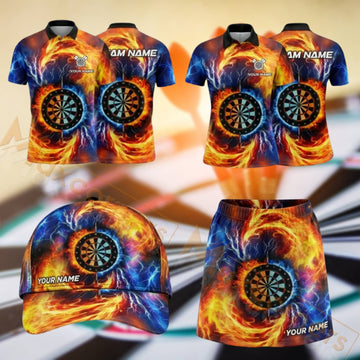 Maxcorners Darts Orange Blue Flaming Dartboard Design Personalized Team Sportswear Set - Polo Shirt, Cap & Skorts