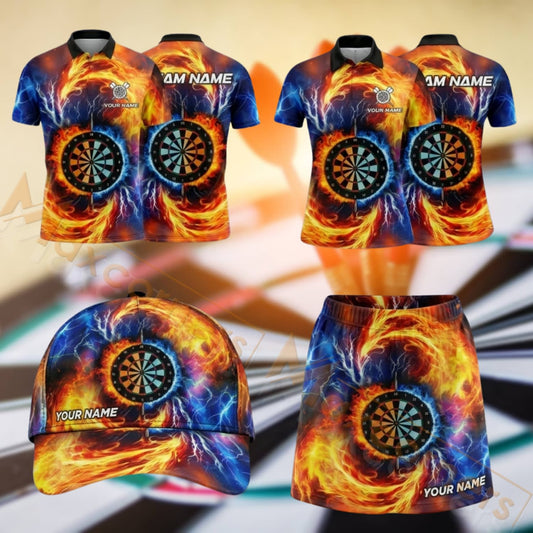 Maxcorners Darts Orange Blue Flaming Dartboard Design Personalized Team Sportswear Set - Polo Shirt, Cap & Skorts