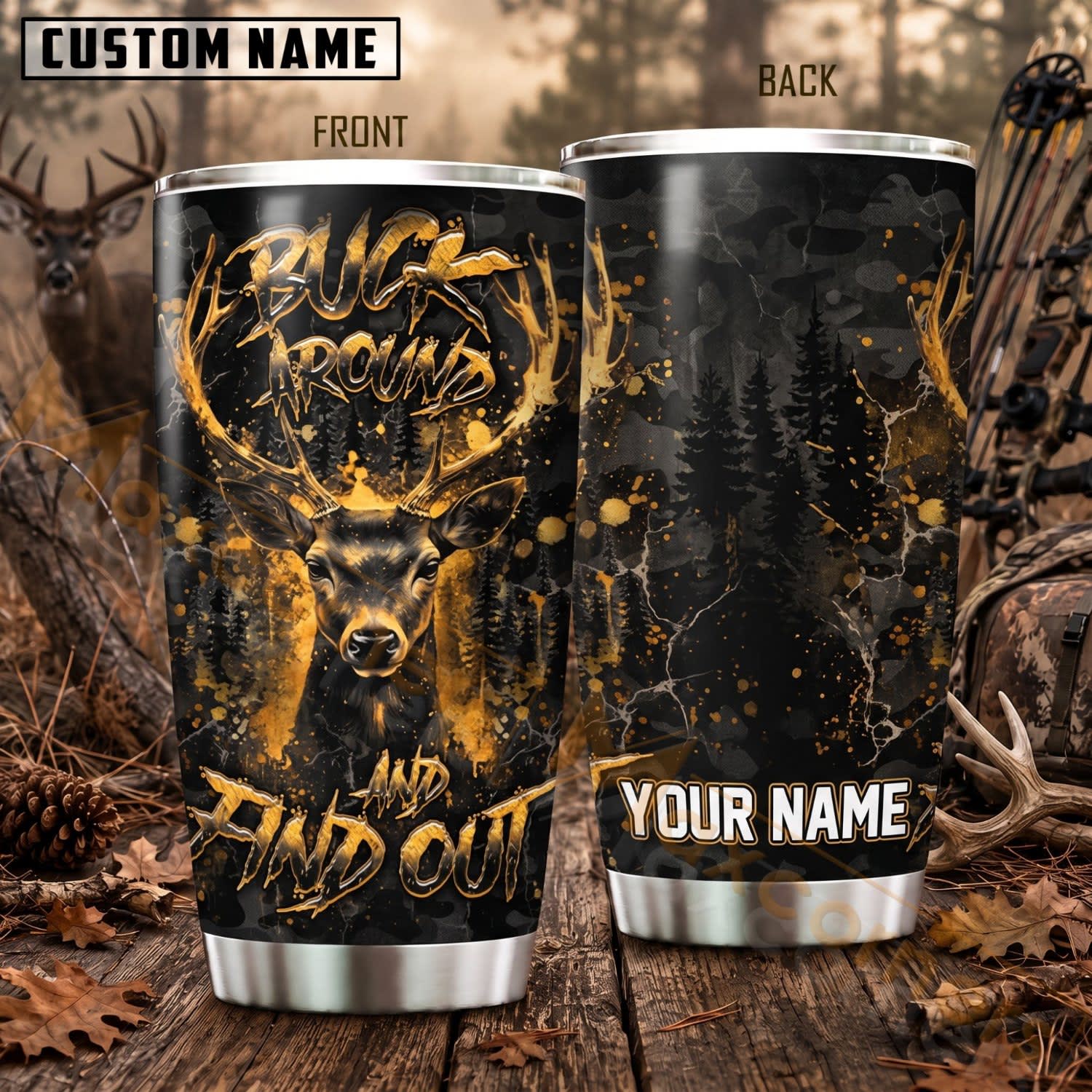 Maxcorners Hunting Golden Deer Forest Camo Personalized Name 3D Tumbler
