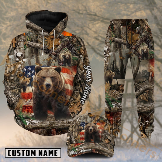 Maxcorners Hunting Brown Bear American Flag Woodland Camo Personalized 3D Combo Hoodie, Sweatpants Set & Cap