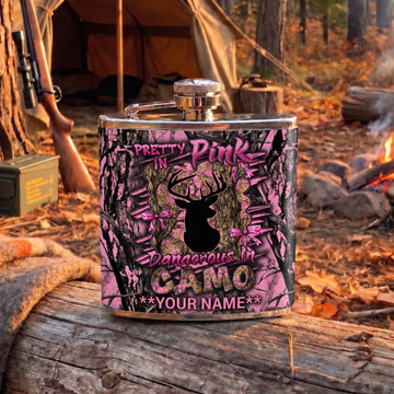 Maxcorners Hunting Pretty In Pink Deer Woodland Camo Design Personalized Name 3D Hip Flask