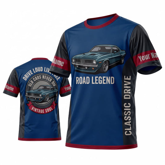 Maxcorners Personalized Car Classic Muscle Car 3D T-Shirt – Navy Blue Red Road Legend and Vintage Muscle Car