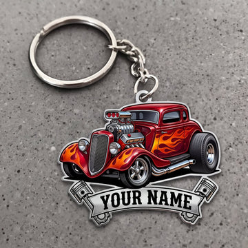 Maxcorners Hot Rod Red Classic Roadster with Flaming Engine and Silver Name Banner Personalized Name 3D Keychain And Ornament