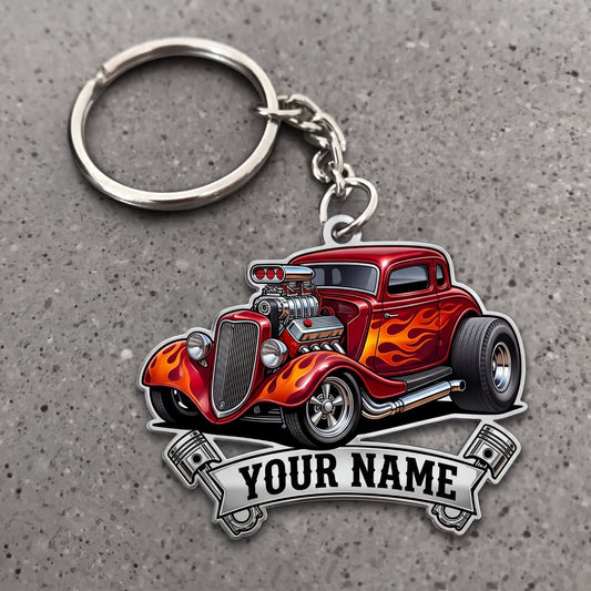 Maxcorners Hot Rod Red Classic Roadster with Flaming Engine and Silver Name Banner Personalized Name 3D Keychain And Ornament