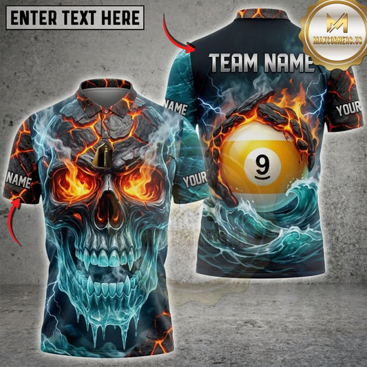 Maxcorners Billiards Blue Flame Skull Yellow 9 Ball Multicolor Customized Name, Team Name 3D Shirts ( 4 Colors )