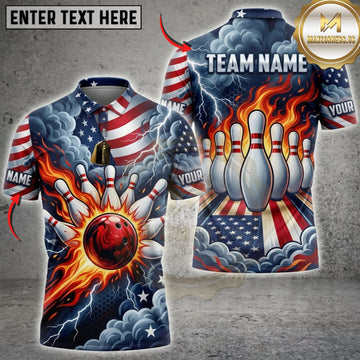 Maxcorners Bowling American Flag Flaming Bowling Ball And Bowling Pins Personalized Name 3D Unisex Shirt
