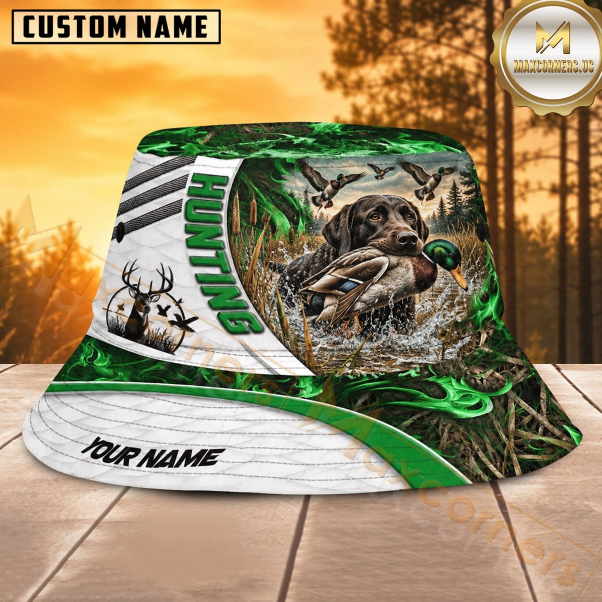 Maxcorners Duck Hunting Dog Green White Wing Graphic Personalized Name 3D Bucket Hat