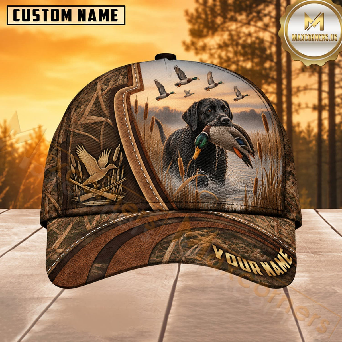 Maxcorners Dog Hunting And Duck Rustic Woodgrain Marshland Scene Multiple Options Personalized Name 3D Cap
